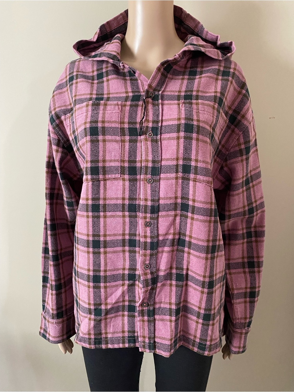Zara Pink and Black Plaid Hooded Shirt, women’s 13-14